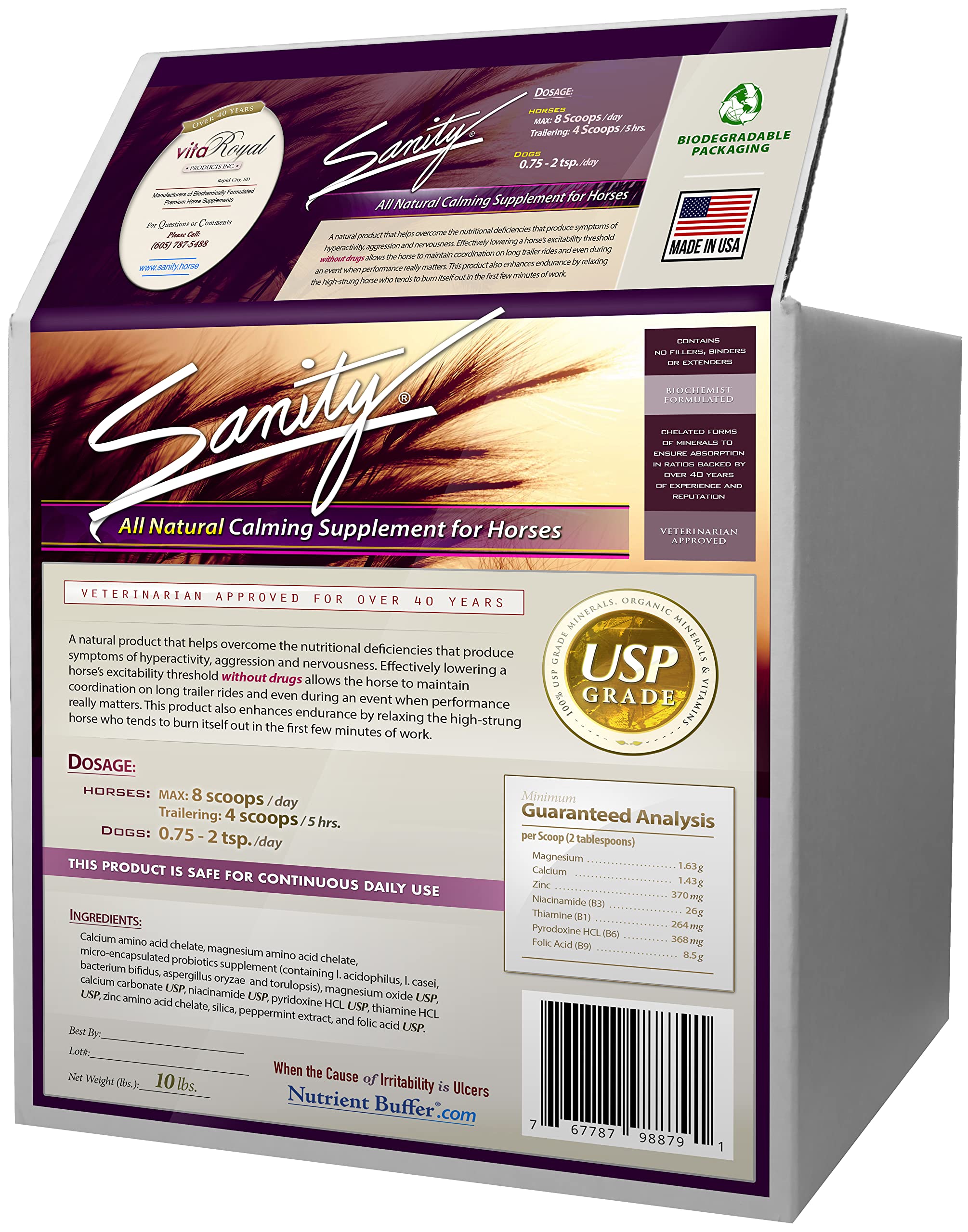 Sanity® - Equine Behavioral Calming Focus Supplement for Horses - Magnesium, Calcium, Zinc, B Vitamins, Amino Acids, Probiotics, Thiamine, Folic Acid, Niacin, Peppermint & More