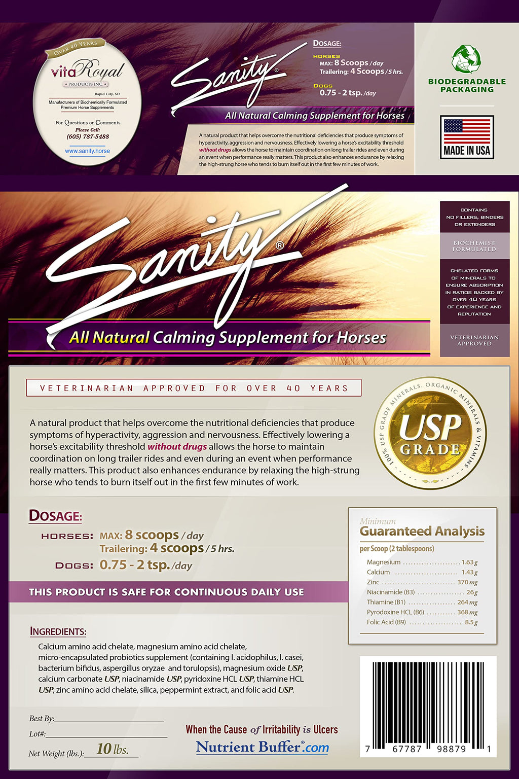 Sanity® - Equine Behavioral Calming Focus Supplement for Horses - Magnesium, Calcium, Zinc, B Vitamins, Amino Acids, Probiotics, Thiamine, Folic Acid, Niacin, Peppermint & More