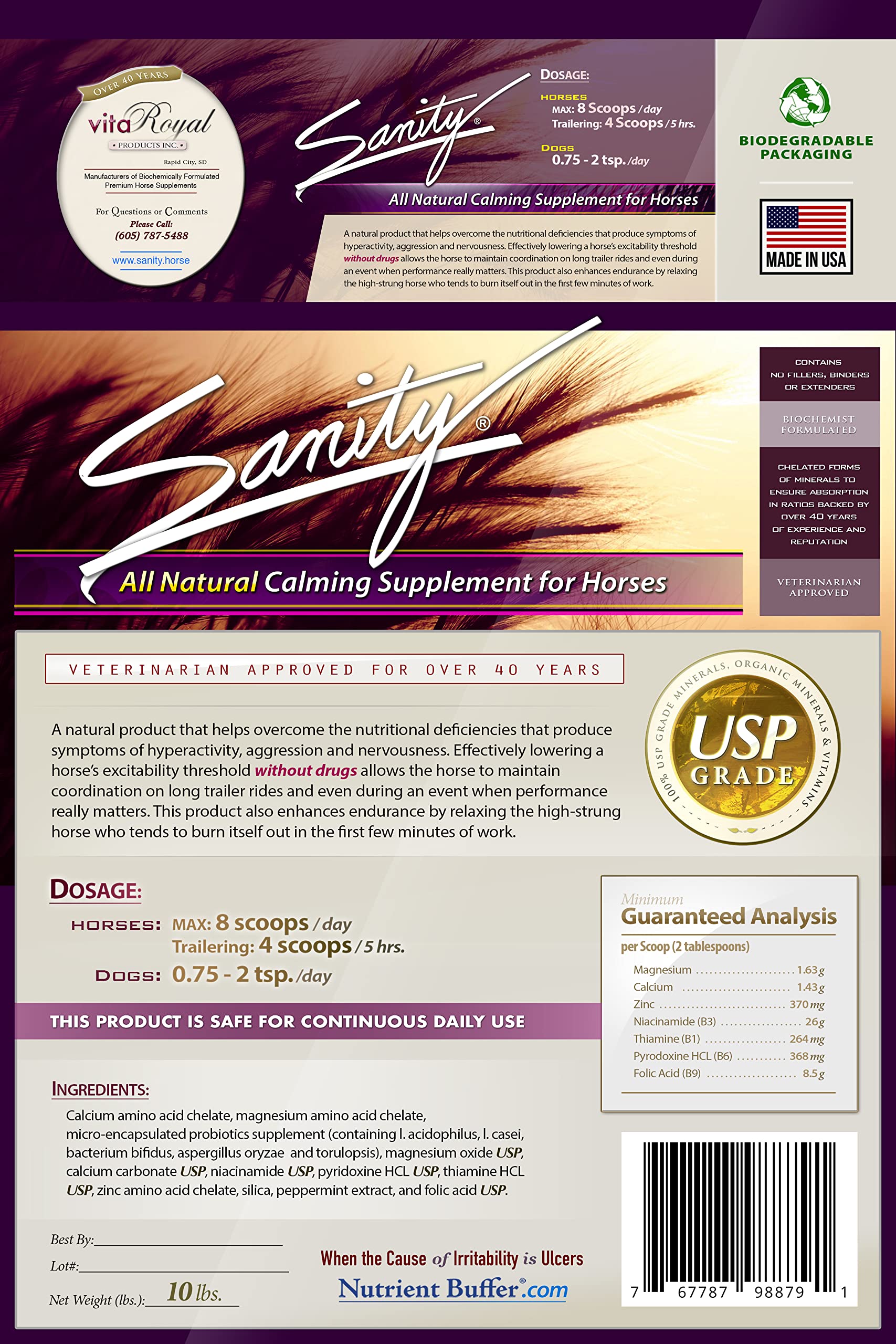 Sanity® - Equine Behavioral Calming Focus Supplement for Horses - Magnesium, Calcium, Zinc, B Vitamins, Amino Acids, Probiotics, Thiamine, Folic Acid, Niacin, Peppermint & More